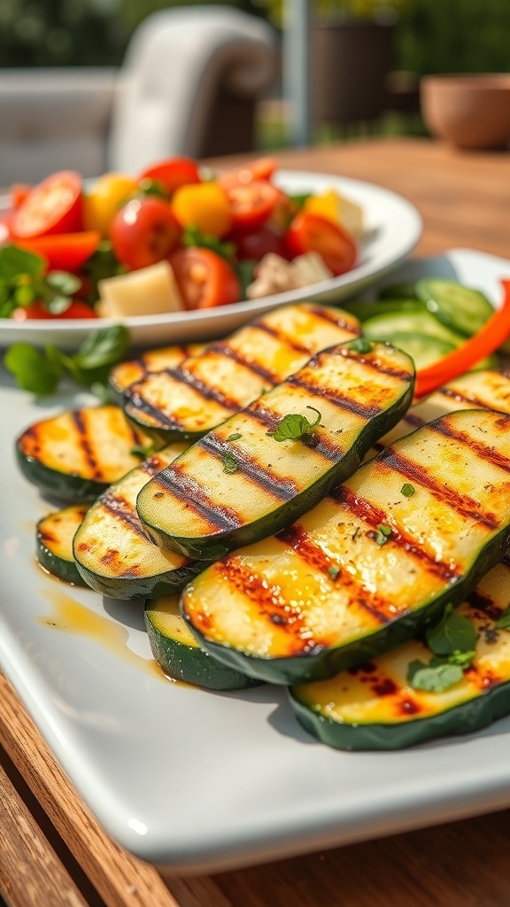 Grilled zucchini slices on a plate, garnished with herbs, in an outdoor setting.